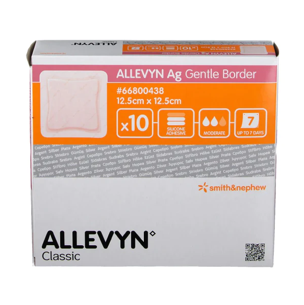 Smith & Nephew Allevyn Ag Gentle Border Apósito De Espuma Hidrocelular Con Plata Con Bordes De 12.5 CM X 12.5 CM